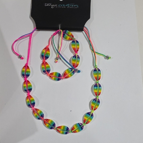 Rainbow Bead Necklace & Bracelet Set – Colorful Adjustable Festival Jewelry - Picture 1 of 2